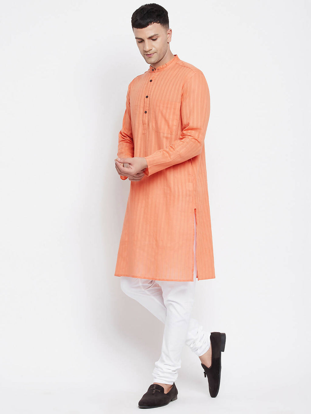Even Apparels Orange Color Pure Cotton Men's Kurta With Band Collar