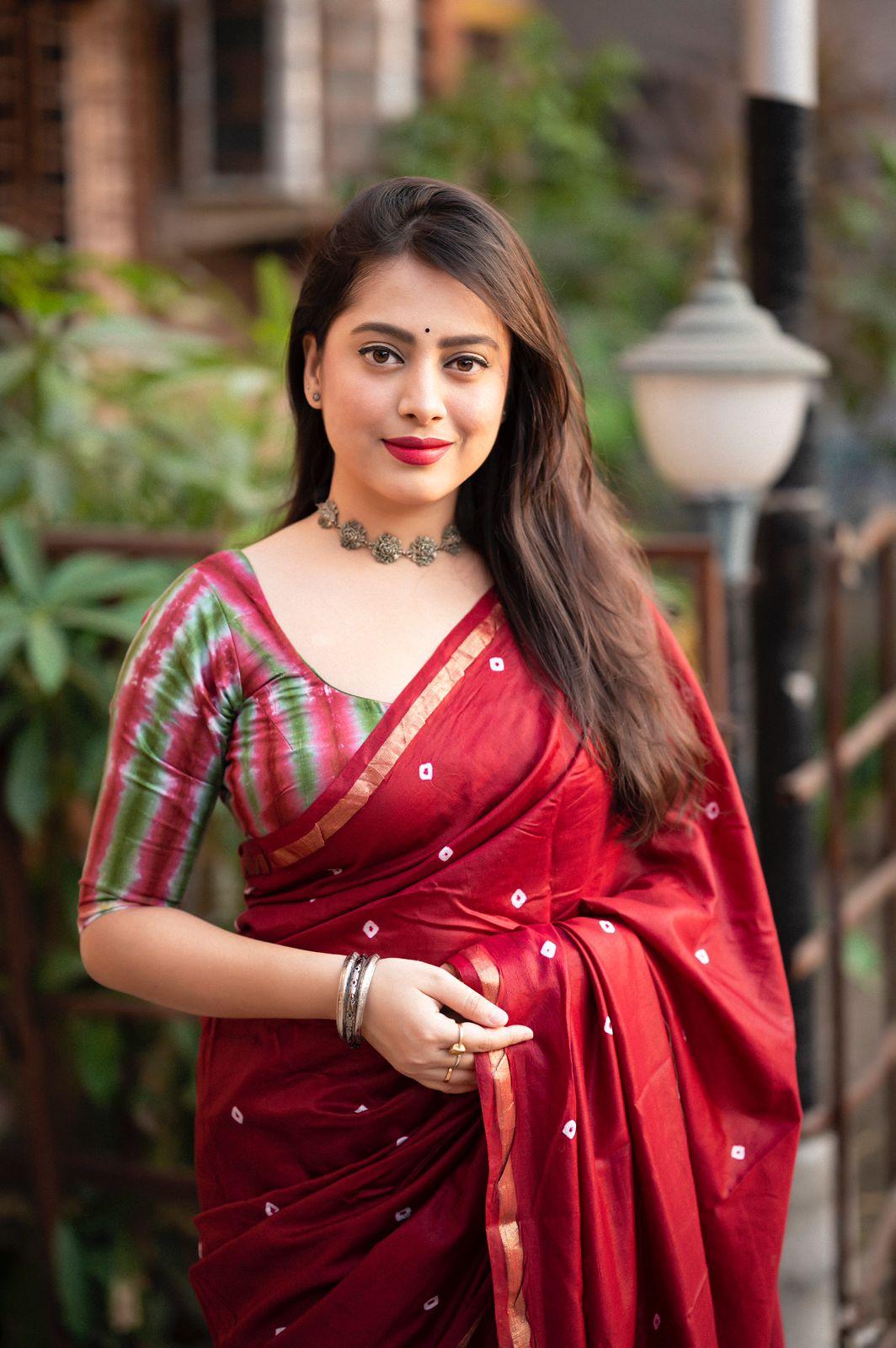 Maroon Chanderi Cotton Block Print Saree with Unstitched Blouse - Hiral Fashion