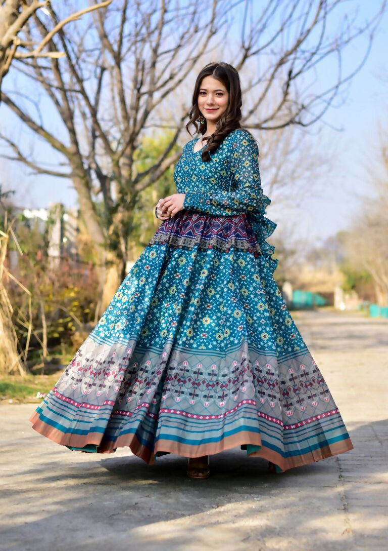 Jyoti Fashion Women's Blue Heavy Digital Printed Cotton Silk Anarkali Dress