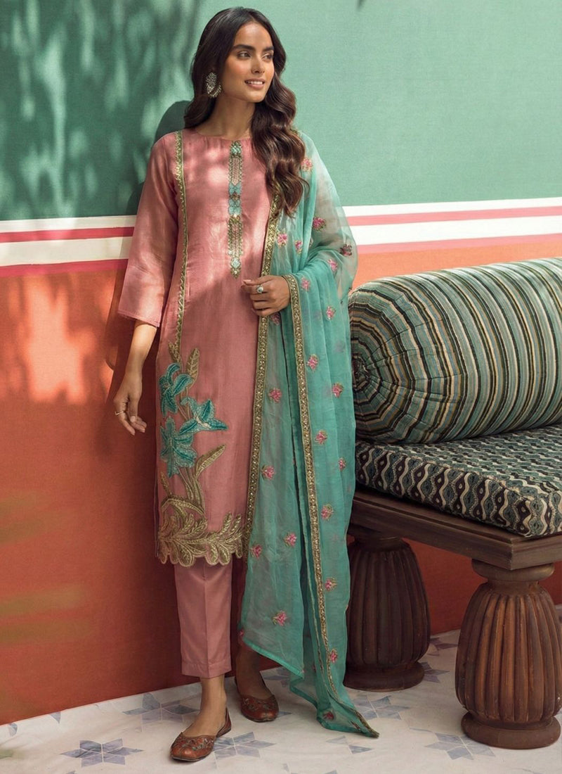 Vegaa Fashion Peach Organza Fancy Zari Party Wear Suit