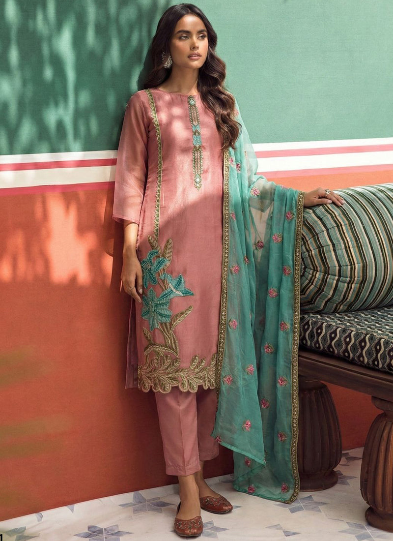 Vegaa Fashion Peach Organza Fancy Zari Party Wear Suit
