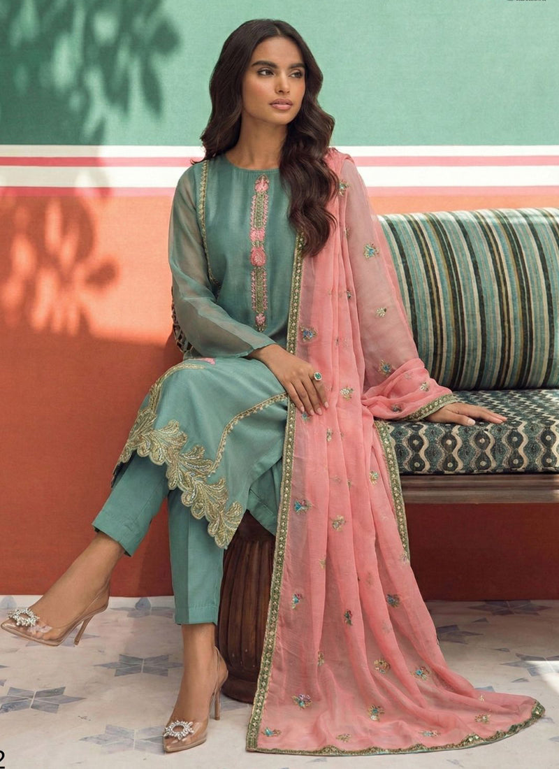 Vegaa Fashion Sky Blue Organza Fancy Zari Party Wear Suit
