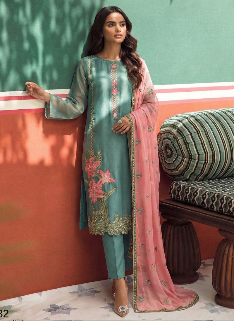 Vegaa Fashion Sky Blue Organza Fancy Zari Party Wear Suit