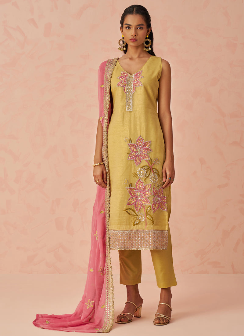 Vegaa Fashion Yellow Fancy Crush Embroidered Salwar Suit