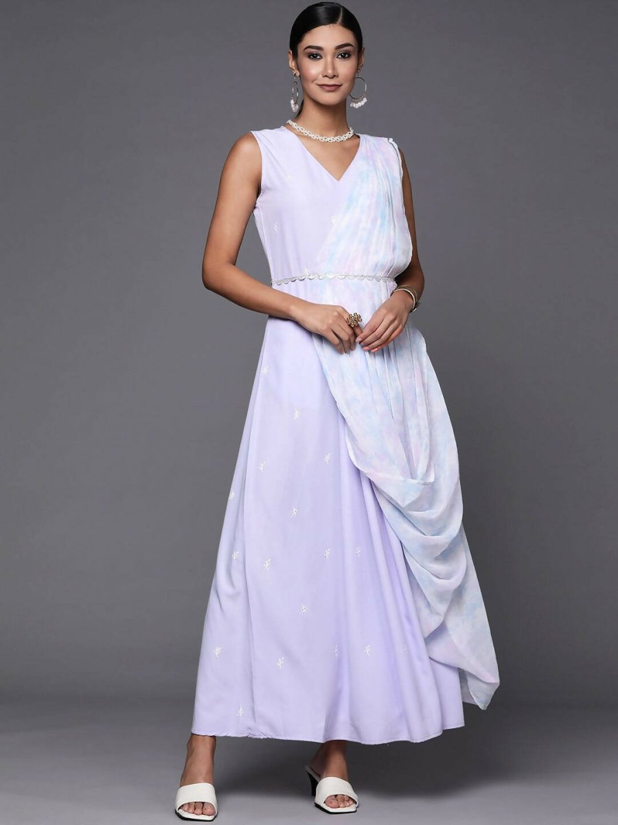 Ahalyaa Blue & White Floral Print Ethnic Maxi Dress with Attached Dupatta