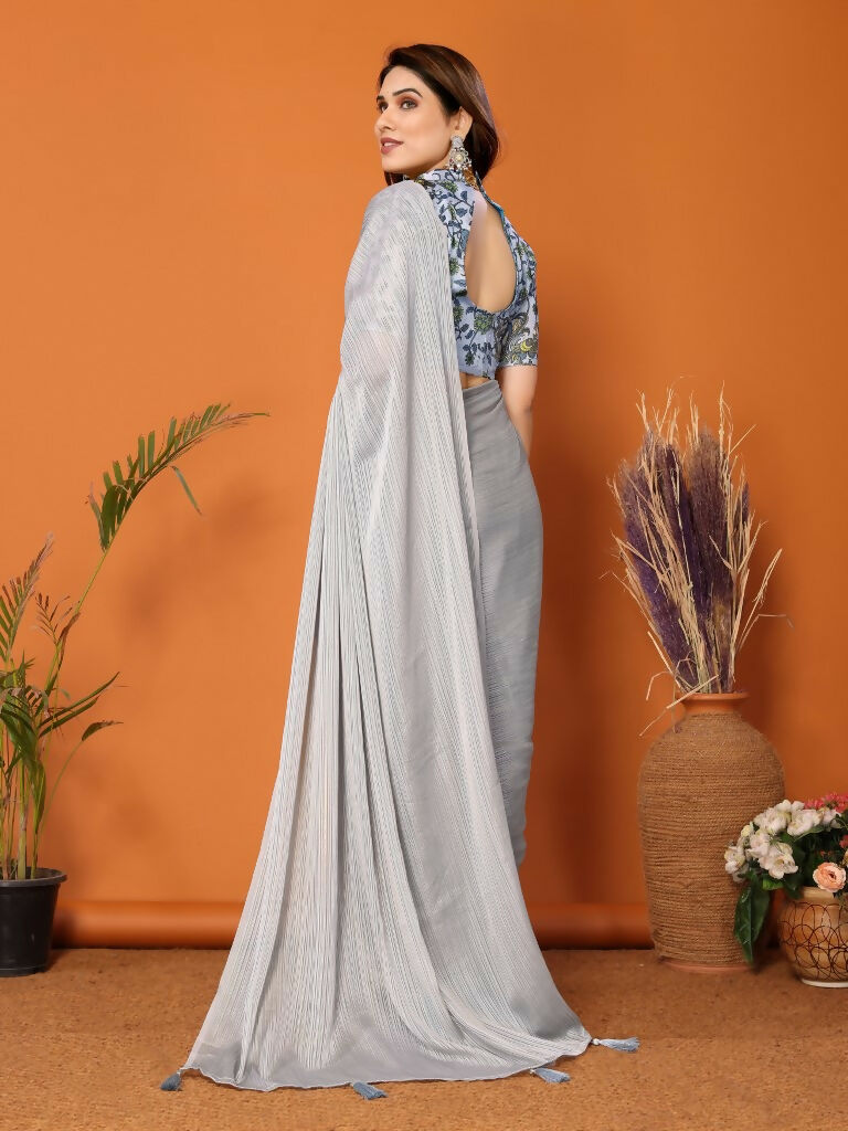 Partywear Designer Grey Polyester Zari Fancy Saree - Starwalk