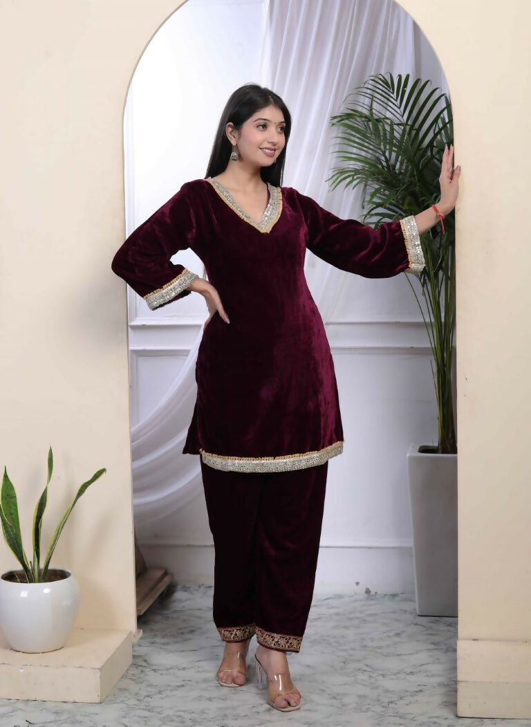 Miravan Women's Wine Embroidered Velvet Co-ord Set