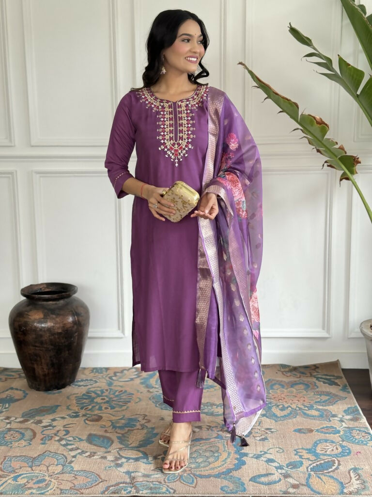 Purple Viscose chanderi Stitched Suit With Dupatta - Tanisha