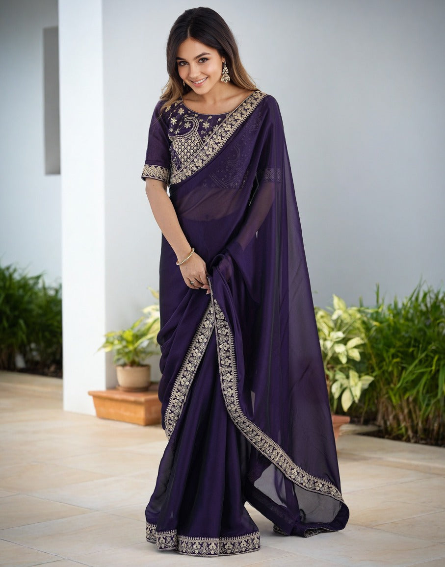 Lorenvalley Fashion Purple Rangoli Silk with Coding Sequence and Multi Lace Work Saree with Blouse