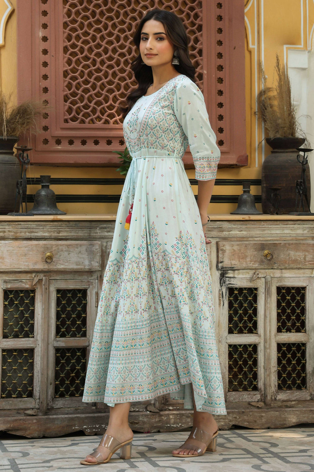 Juniper Women's Skyblue Viscose Shantoon Festive Printed Flared Dress