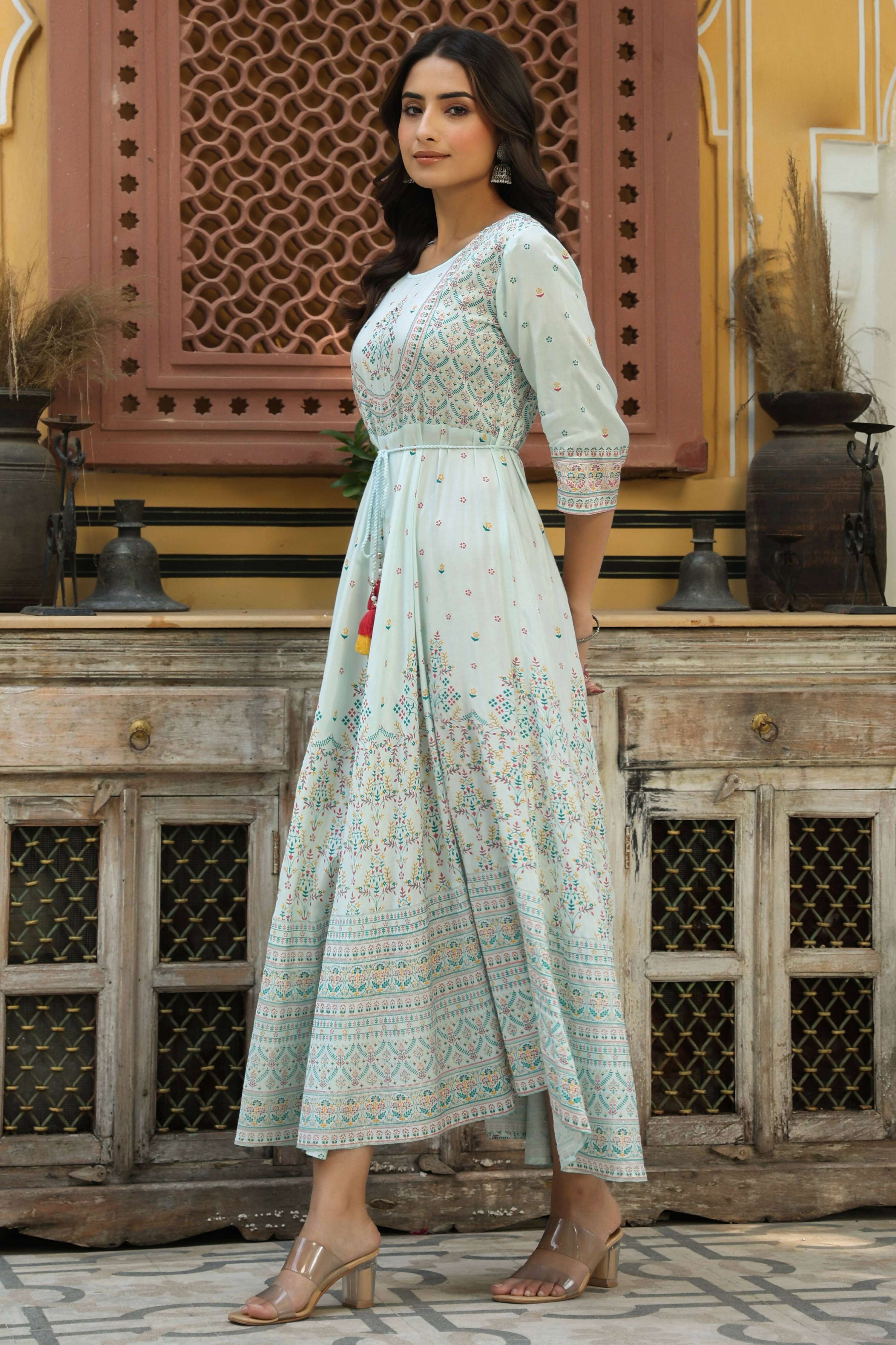 Juniper Women's Skyblue Viscose Shantoon Festive Printed Flared Dress