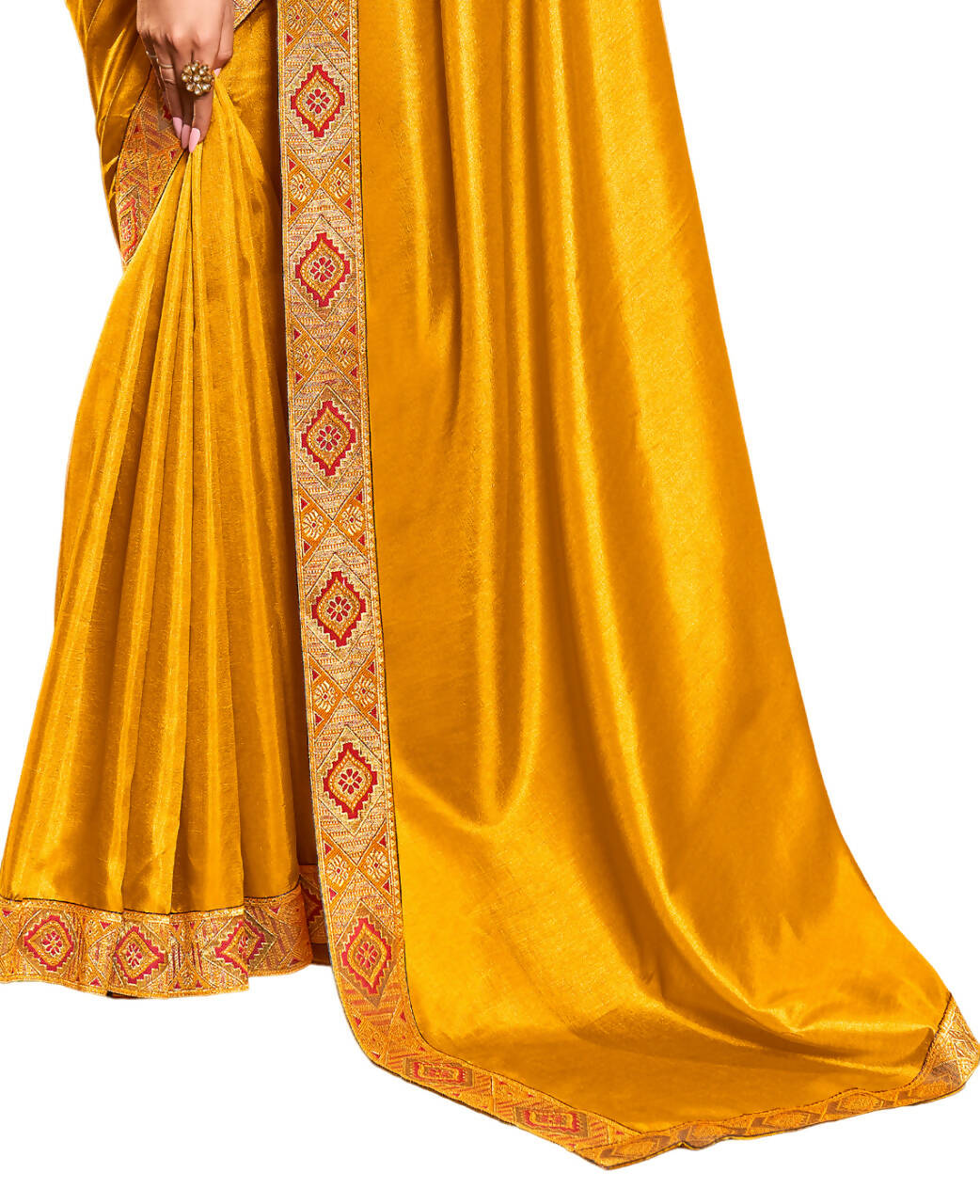 Mustard Solid Vichitra Saree With Unstitched Blouse Piece - Selena