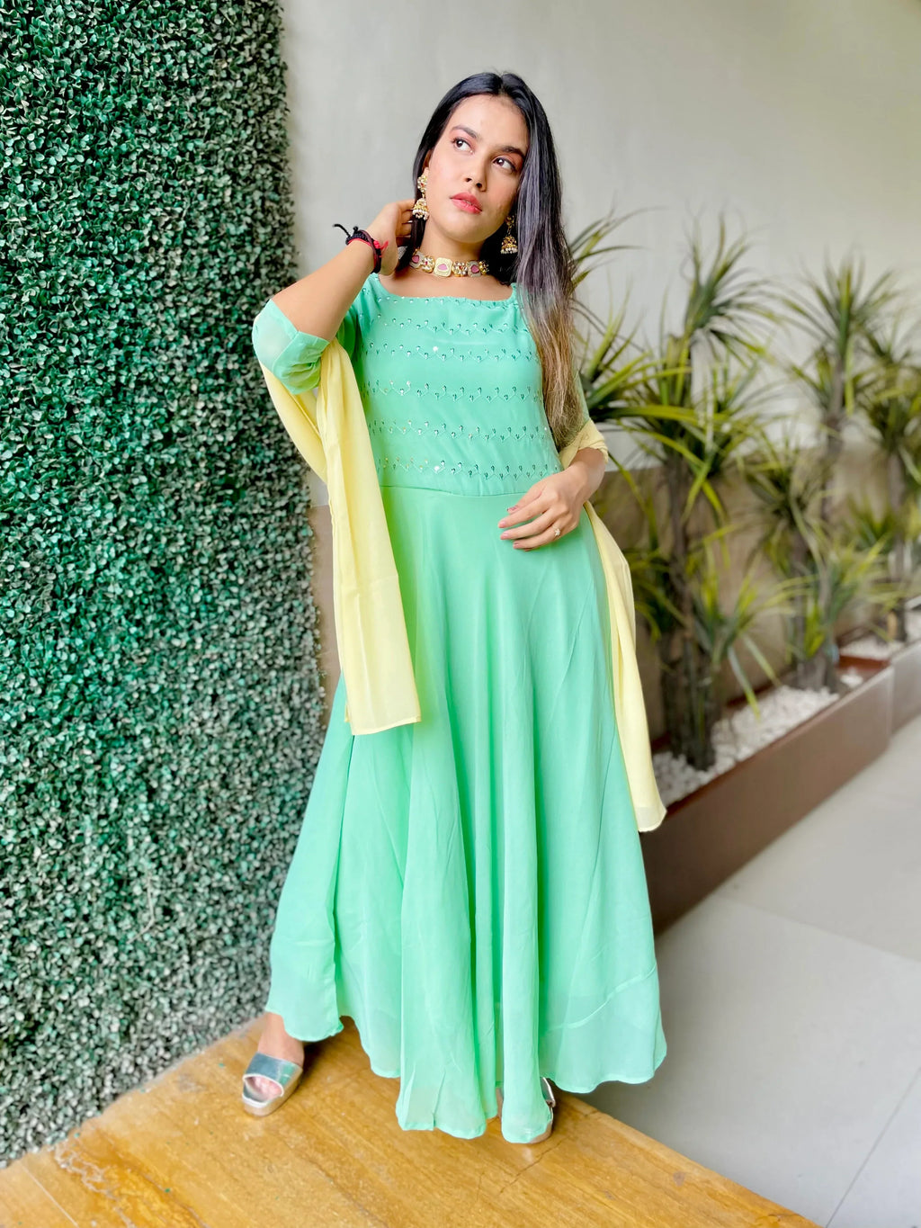 Jompers Women's Sea Green Embroidered Regular Sequinned Kurta with Trousers & Dupatta