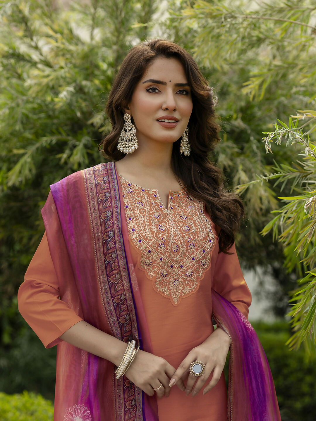 The52 Orange Women's Gorgeous Embroidered Rayon Fabric with Straight Kurta, Pant and Dupatta Set