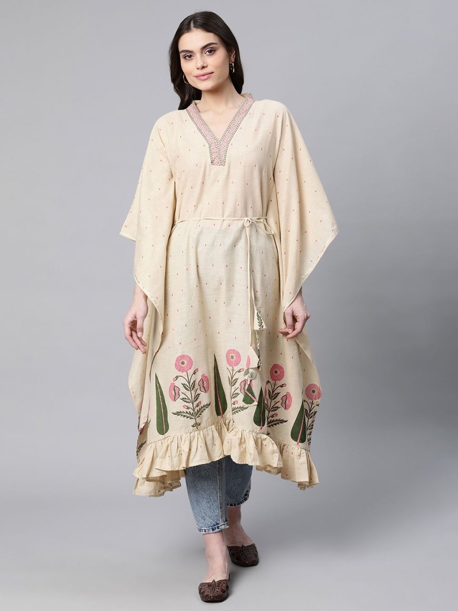 Ahalyaa Women Beige Pure Cotton Floral Printed Kaftan Kurta