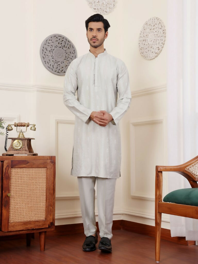 Light Green Silk Designer Embroidery Work Men's Rajwadi Kurta Set - Mahotsav