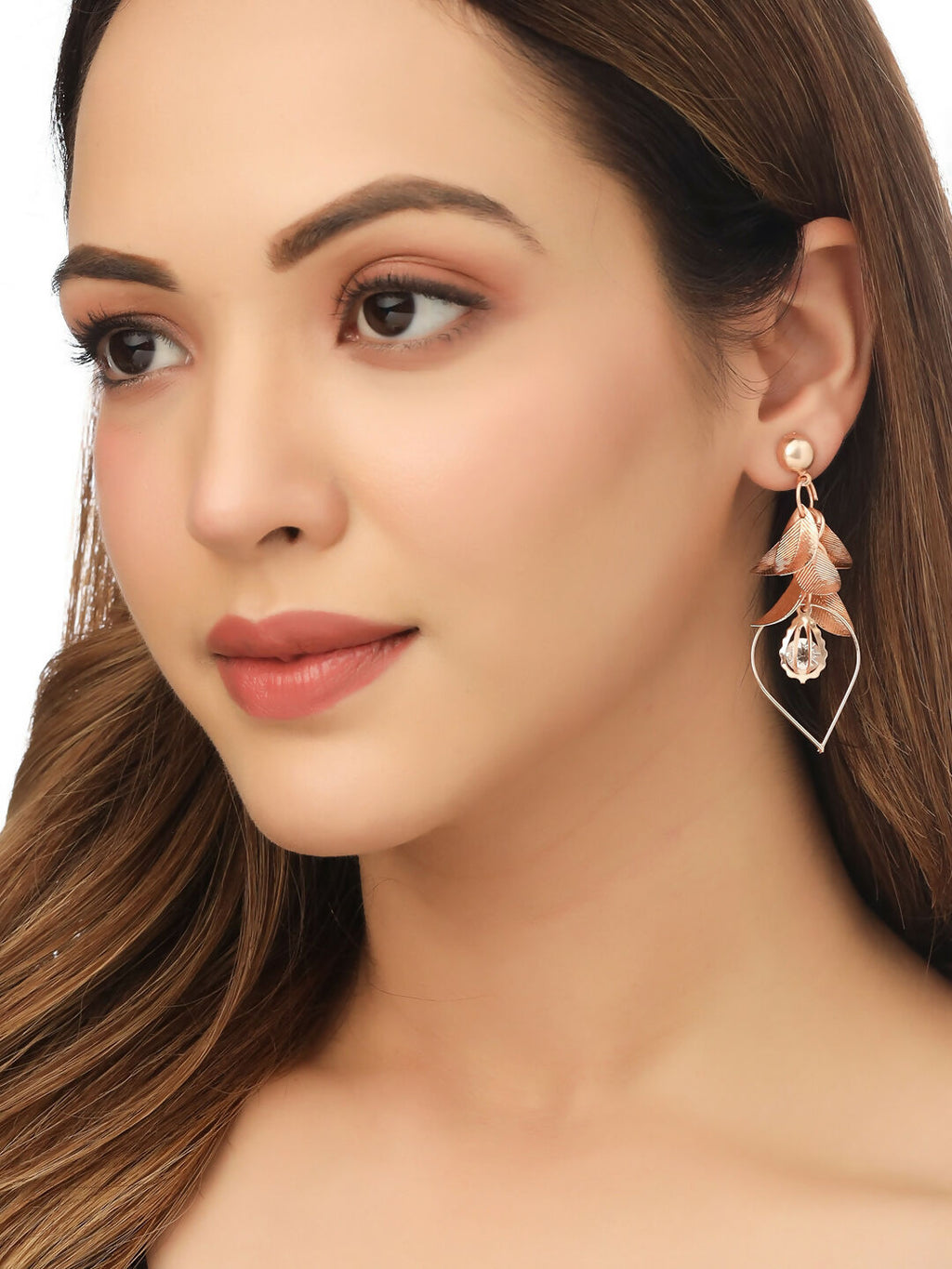 NVR Women Rose Gold Leaf Shaped Drop Earrings