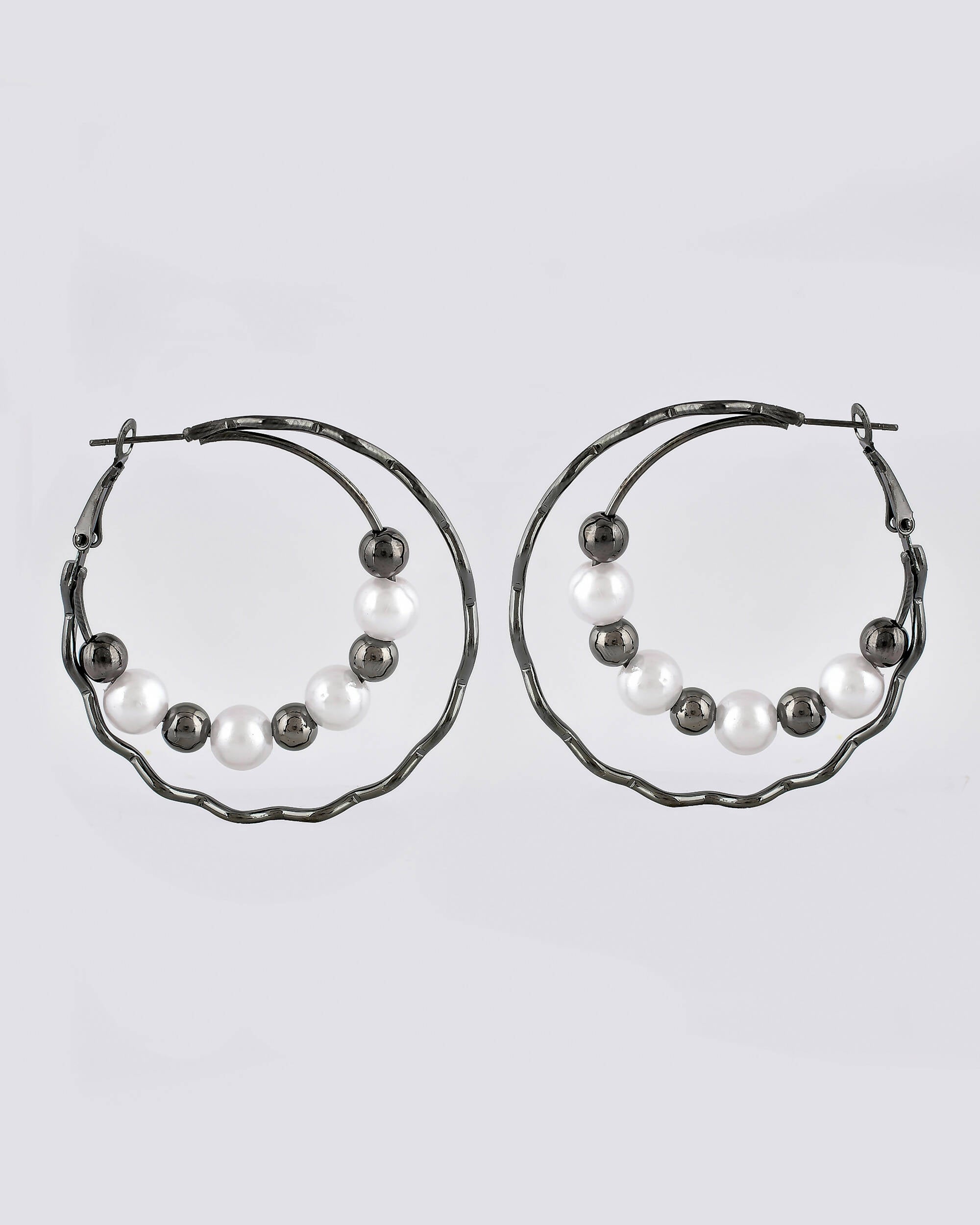 VOJ Women Rhodium-Plated Pearl Stainless Steel Hoop Earrings