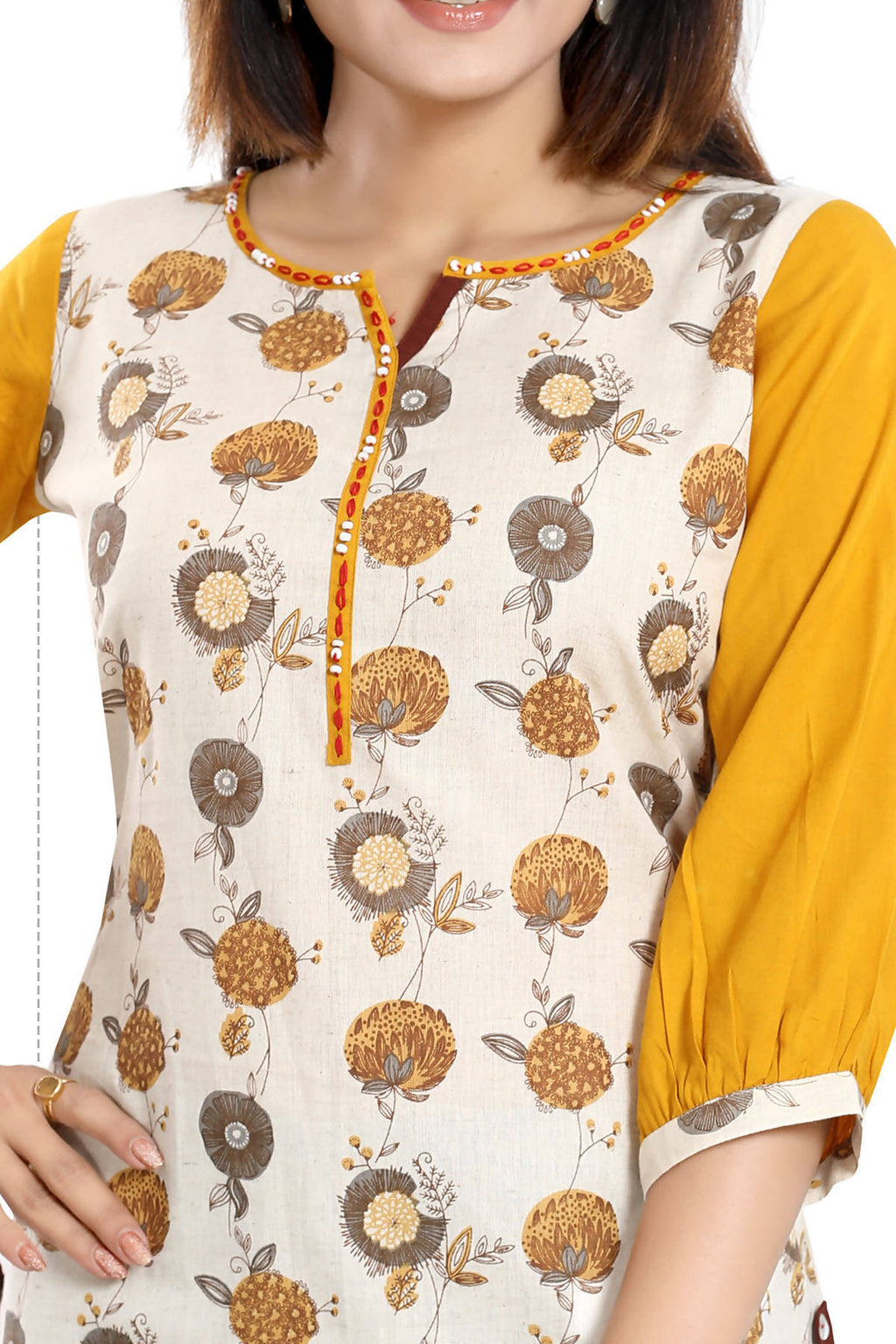 Snehal Creations Cream Cotton Printed Apple-Cut Short Tunic