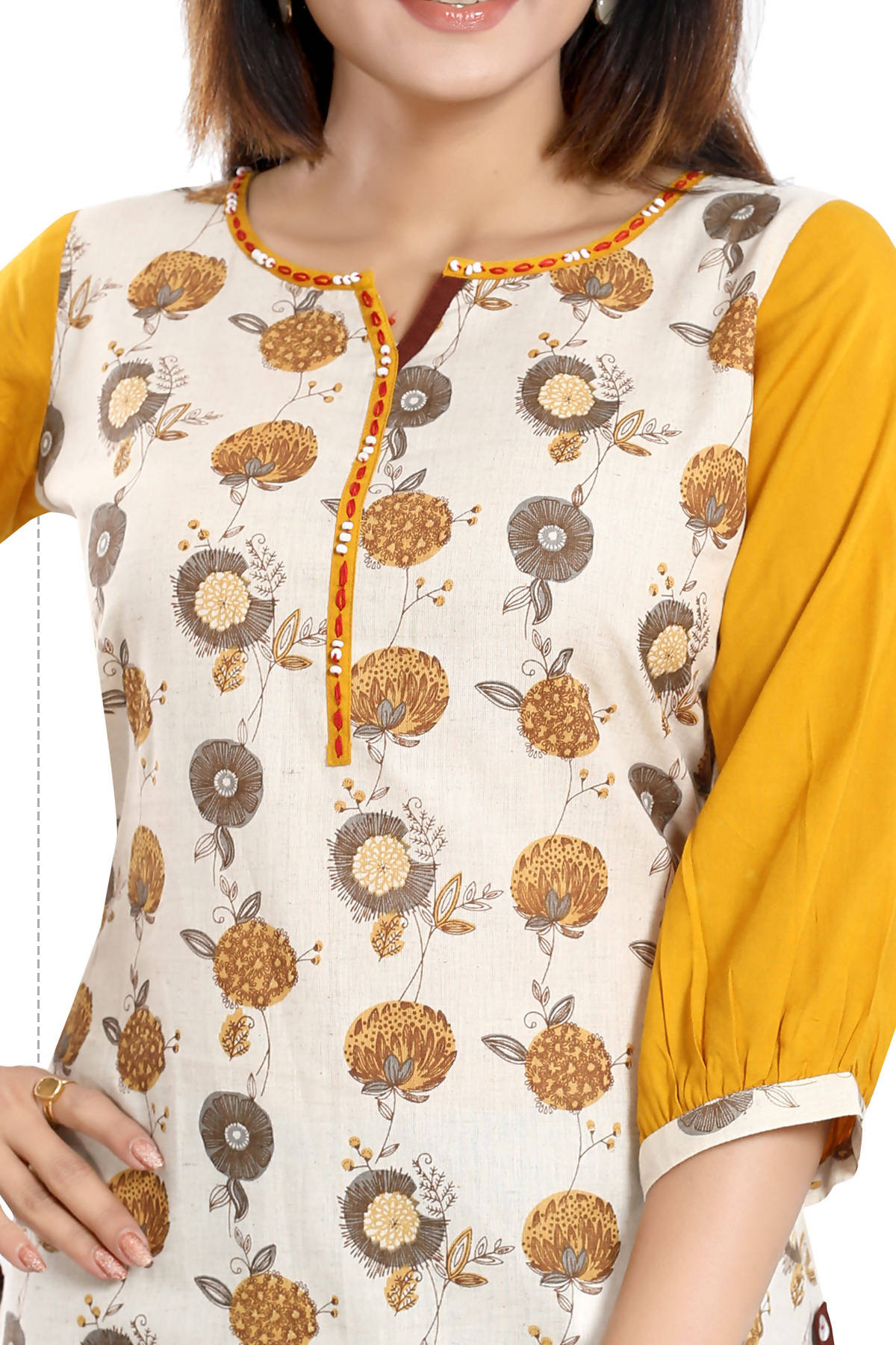 Snehal Creations Cream Cotton Printed Apple-Cut Short Tunic