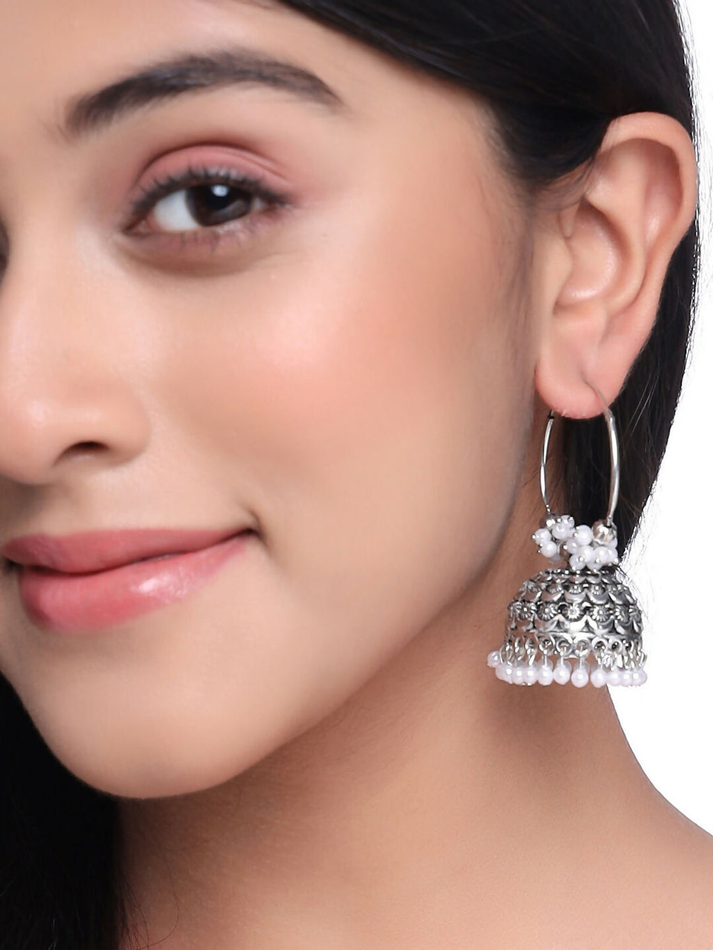 NVR Women's Silver Toned Dome Shaped Jhumkas Earrings
