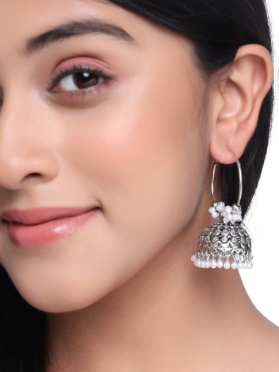 NVR Women's Silver Toned Dome Shaped Jhumkas Earrings