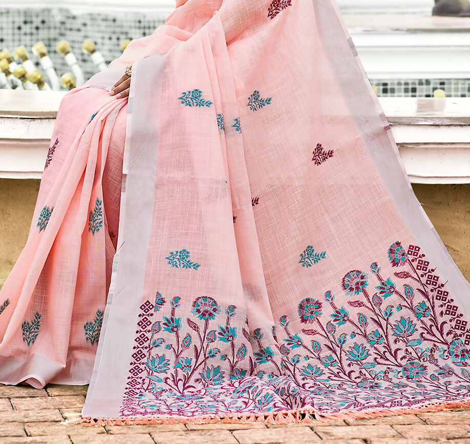Sangam Prints Pink Linen Woven Work Traditional Saree
