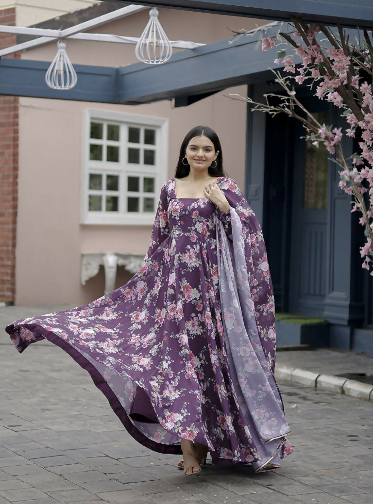 Jyoti Fashion Women's Wine Faux Georgette Floral Digital Printed Anarkali Dress with Dupatta