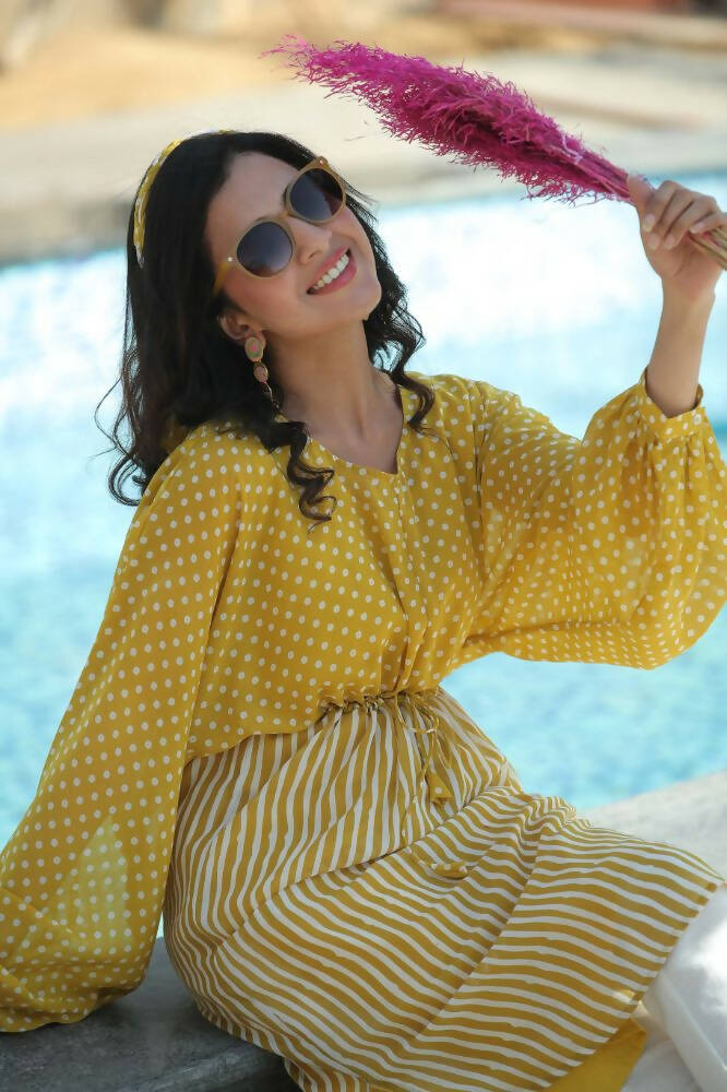 Juniper Women Mustard Georgette Bandhani High-Low Tunic