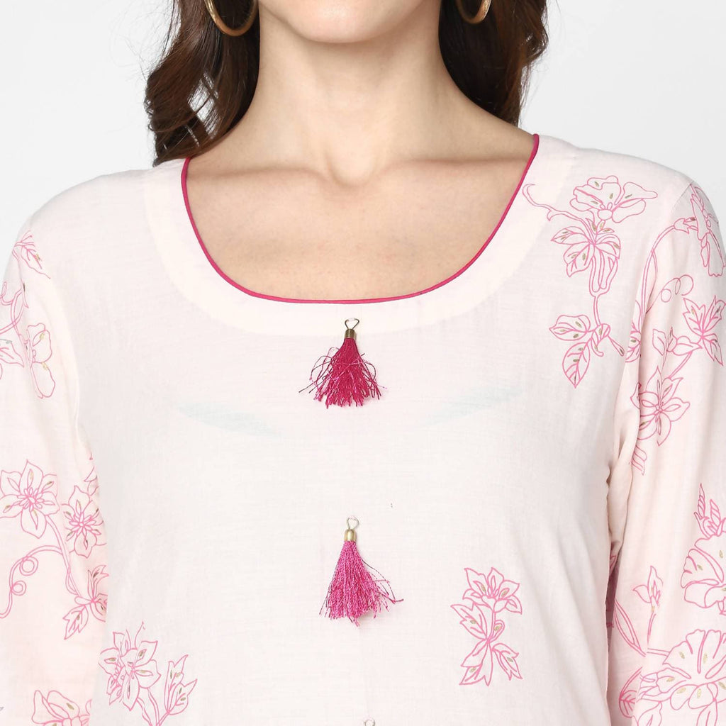 Cheera Hand Block Print Cream Straight Kurta (MAAI-054K)