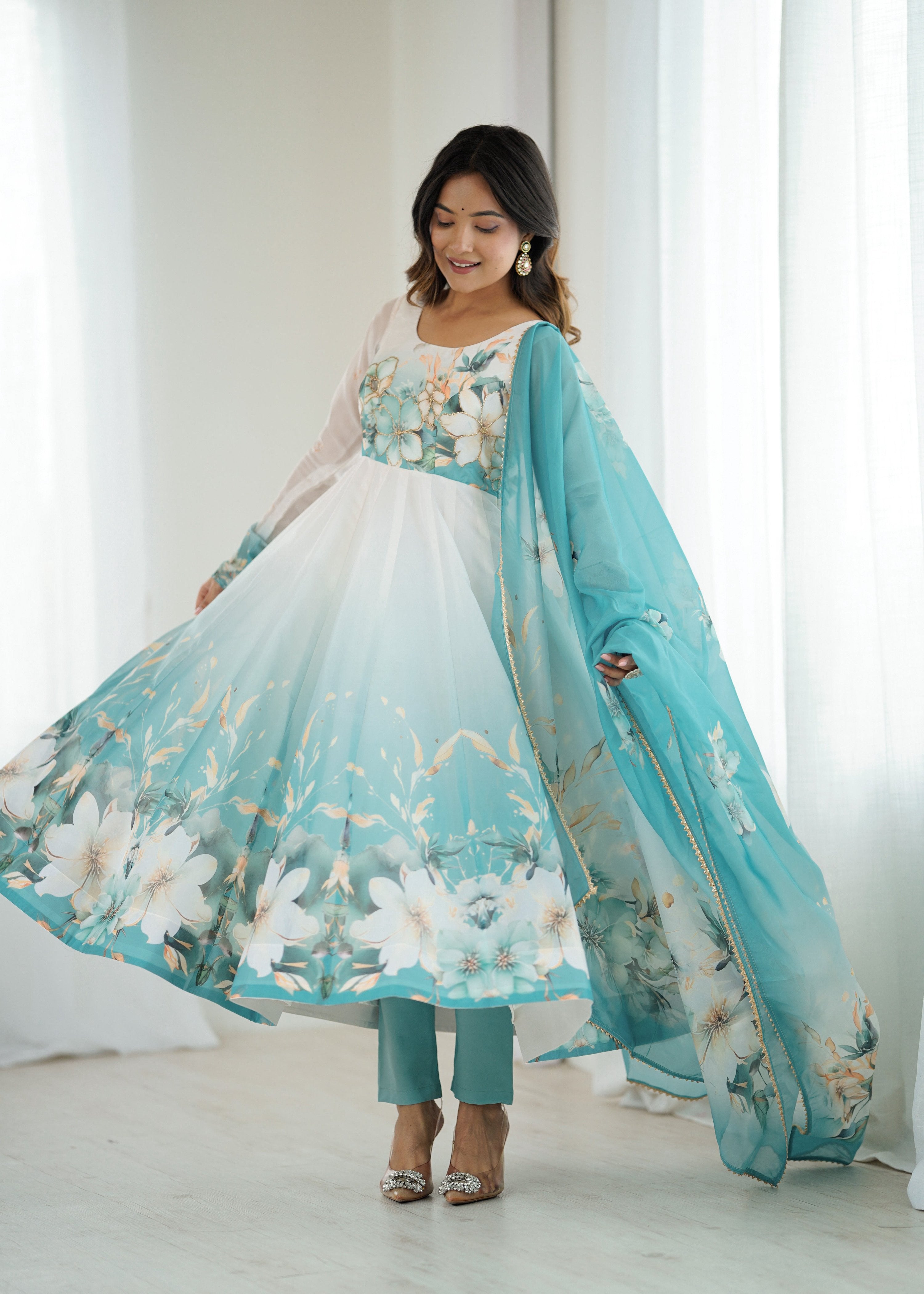 Lorenvalley Fashion Soft Organza Silk Front On Fancy Badla Jari Work Flower Position Print Outing Work Anarkali Kurta Pant With Dupatta Set