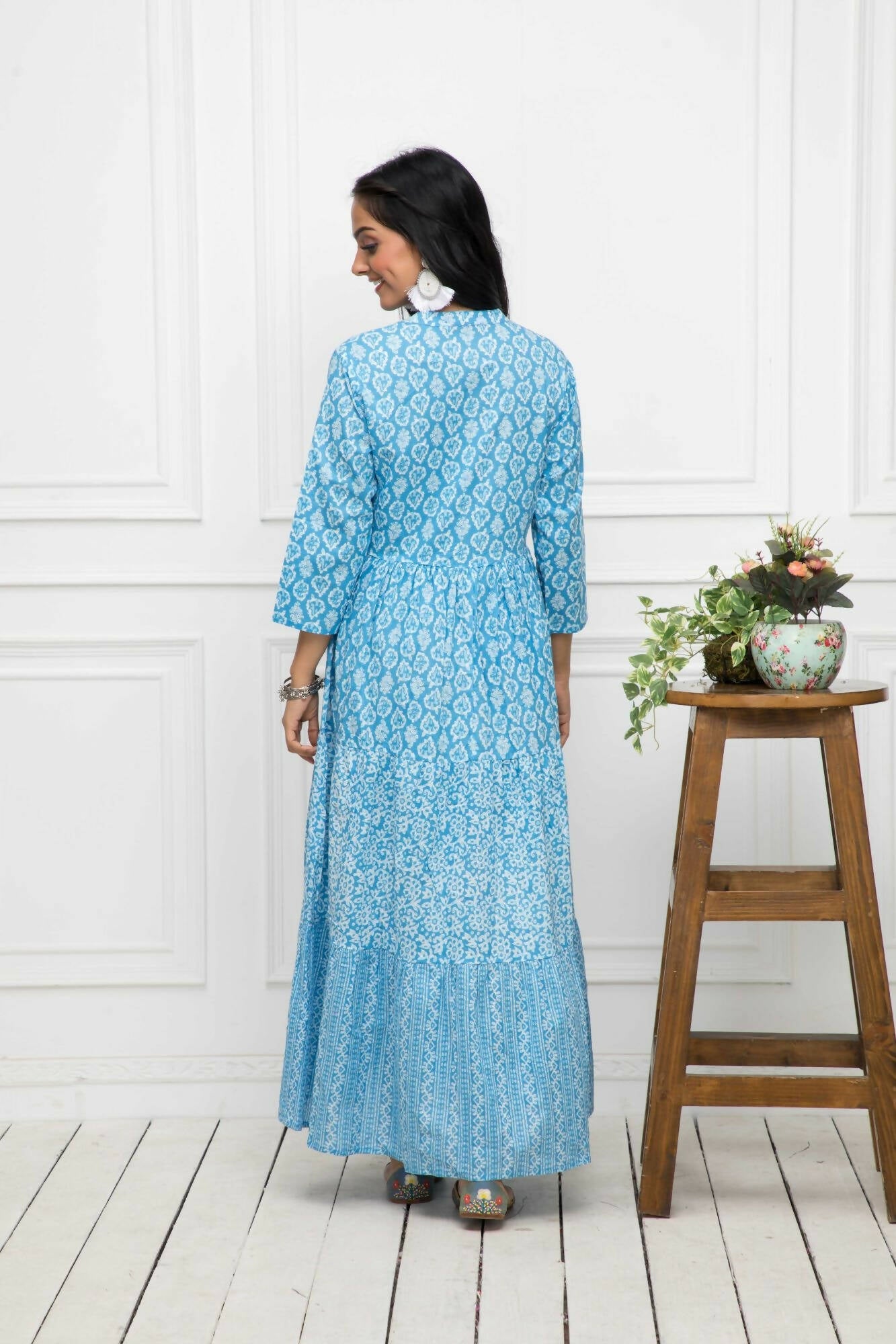 Myshka Women Blue Floral Cotton A-Line Mandarin Collar Long Dress