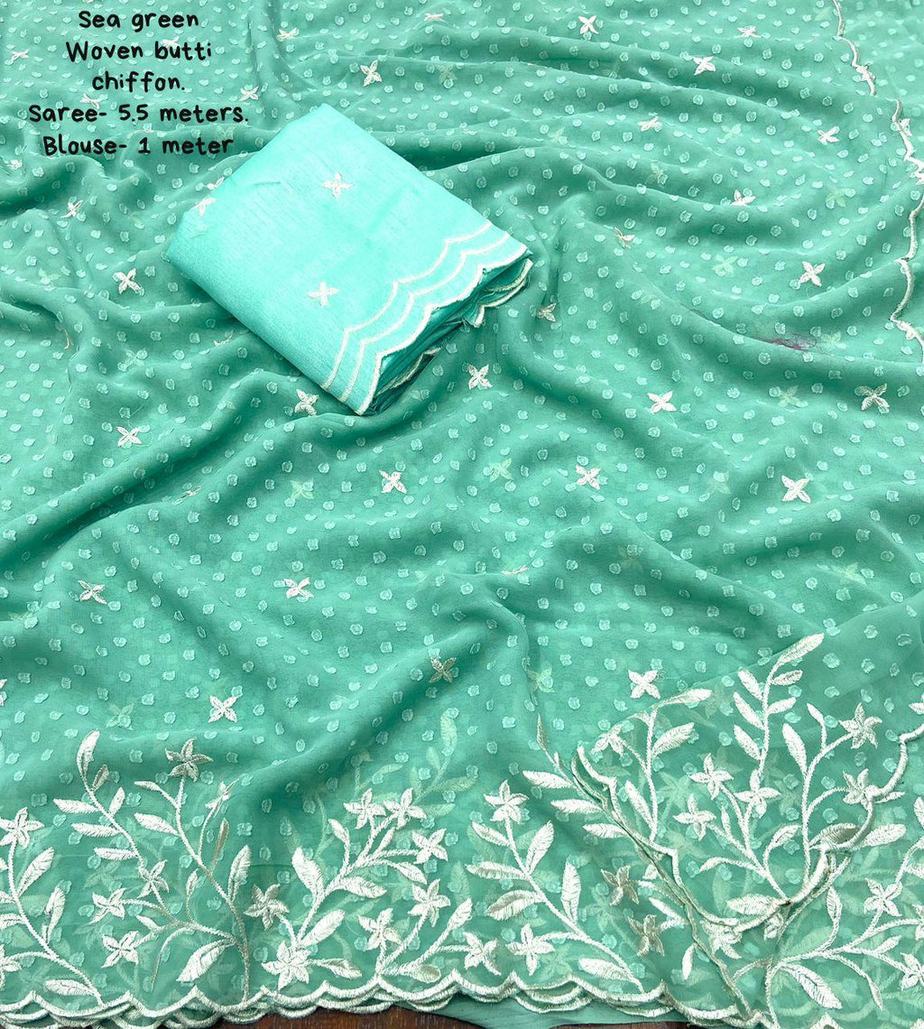 Sky Pure Chiffon Woven Design Saree with Unstitched Blouse - Hiral Fashion
