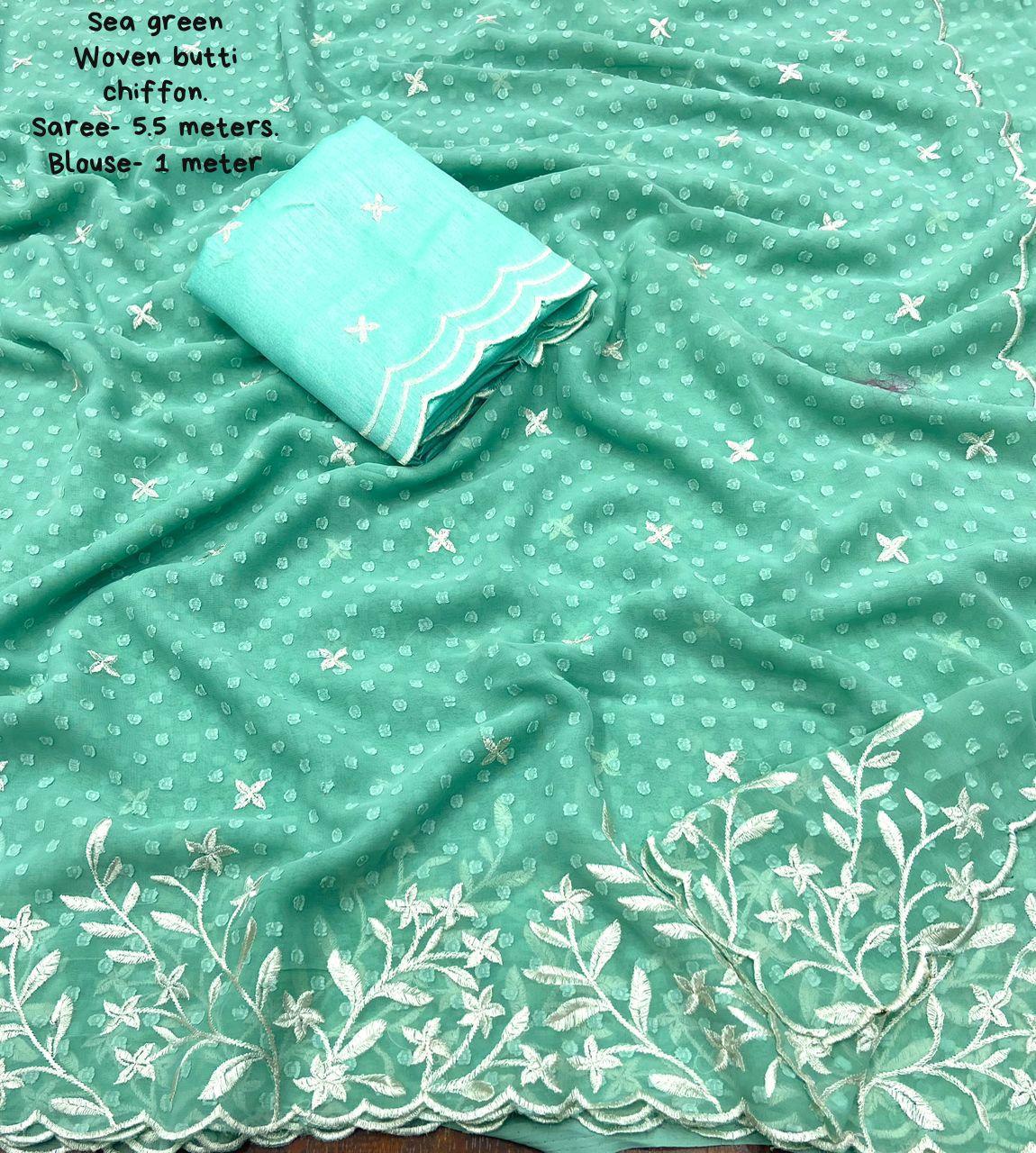 Sky Pure Chiffon Woven Design Saree with Unstitched Blouse - Hiral Fashion