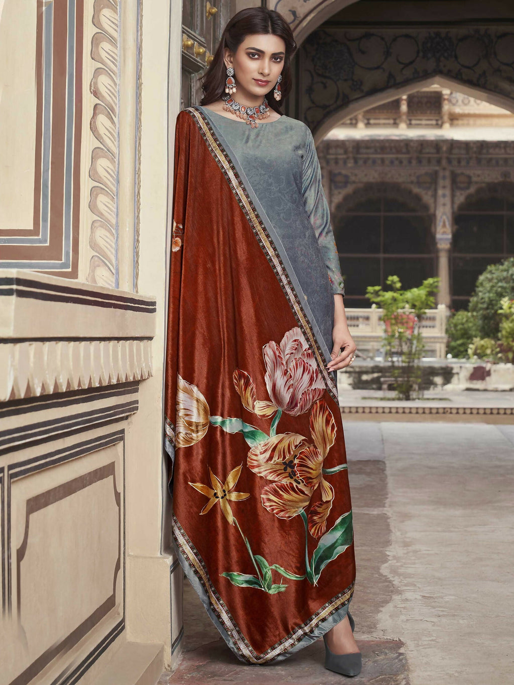 Jyoti Fashion Women's Grey Velvet Floral Digital Printed Kurta with Trouser & Dupatta