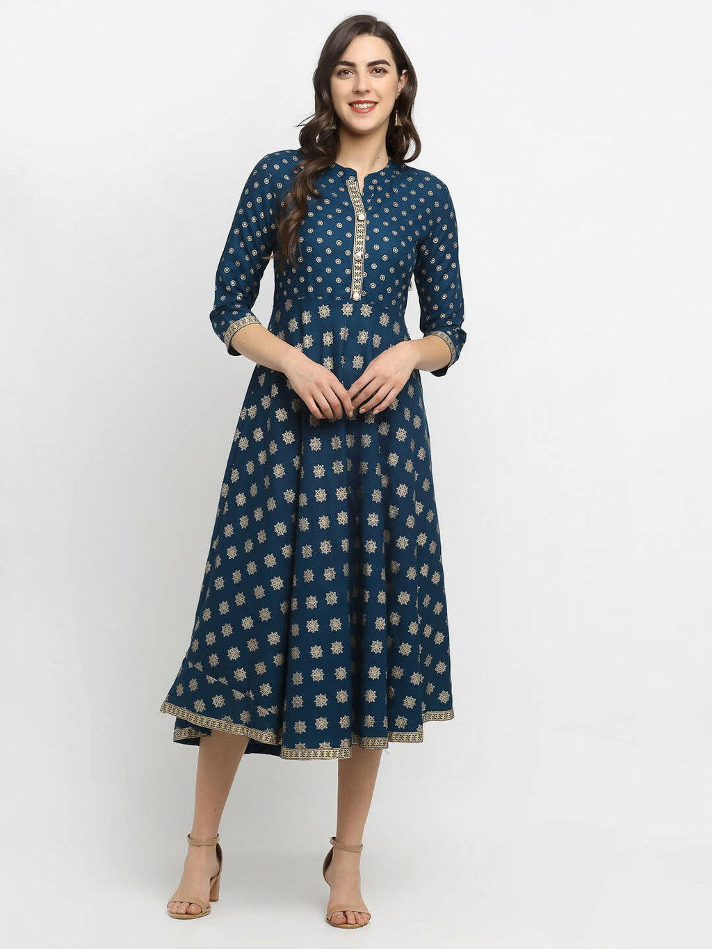 Rudra Bazaar A-Line Gold Floral Printed Turquoise Blue Kurti