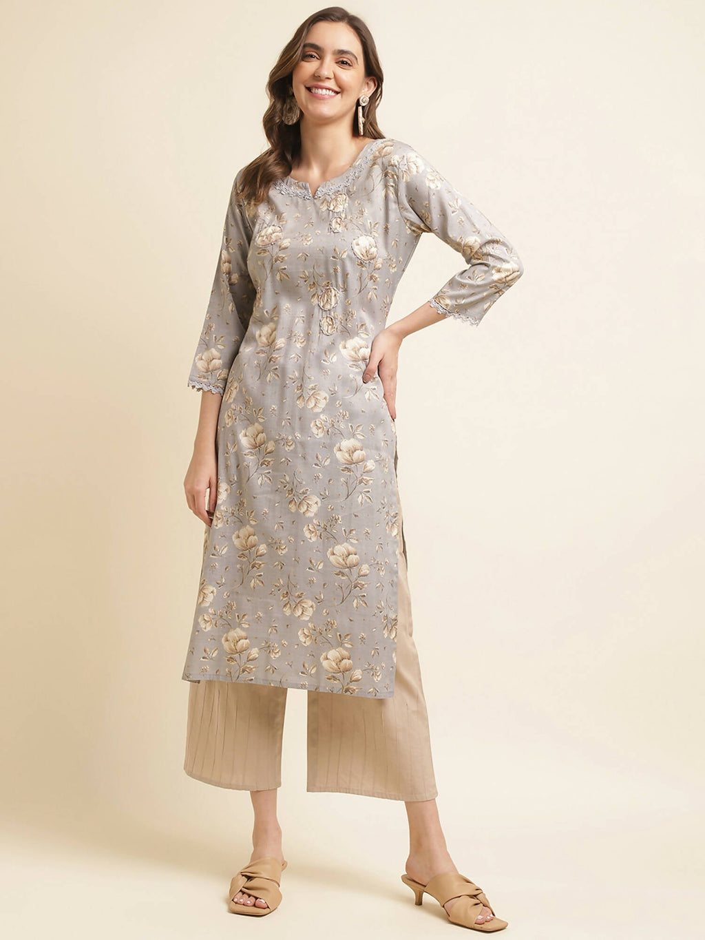 Grey Poly Rayon Floral Printed Straight Kurta - Prasuti