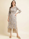 Grey Poly Rayon Floral Printed Straight Kurta - Prasuti