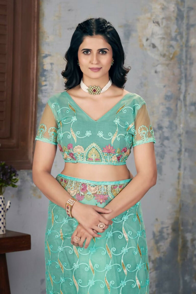 Vastranavya Soft Crush Georgette With Embroidery and Foil Multi Thread Work Saree - Turquoise