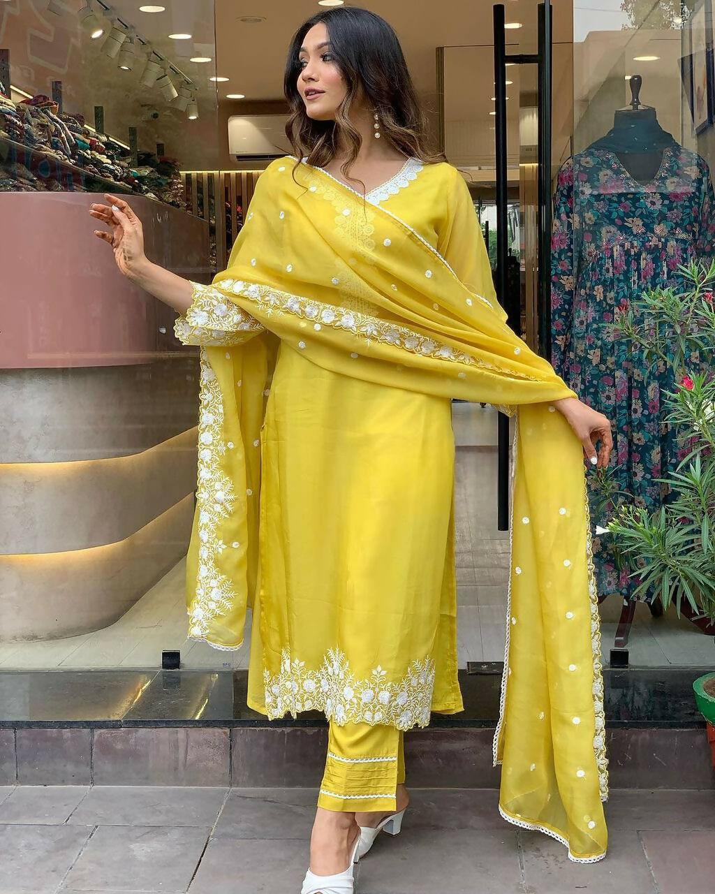 The52 Yellow Women's Gorgeous Embroidered Georgette Fabric Straight Kurta Pant with Dupatta Set