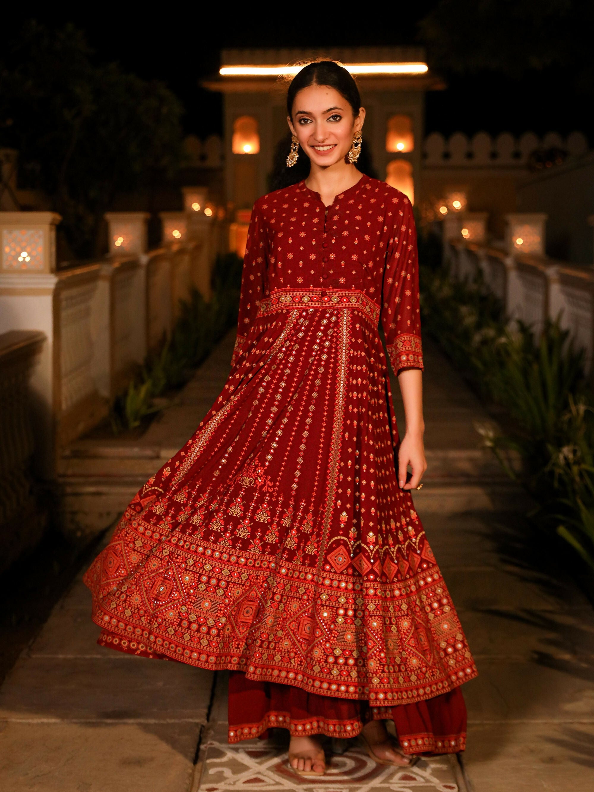 Juniper Women's The Mahautsawam Maroon Ethnic Motif Printed Georgette Dress With Thread & Mirror Work