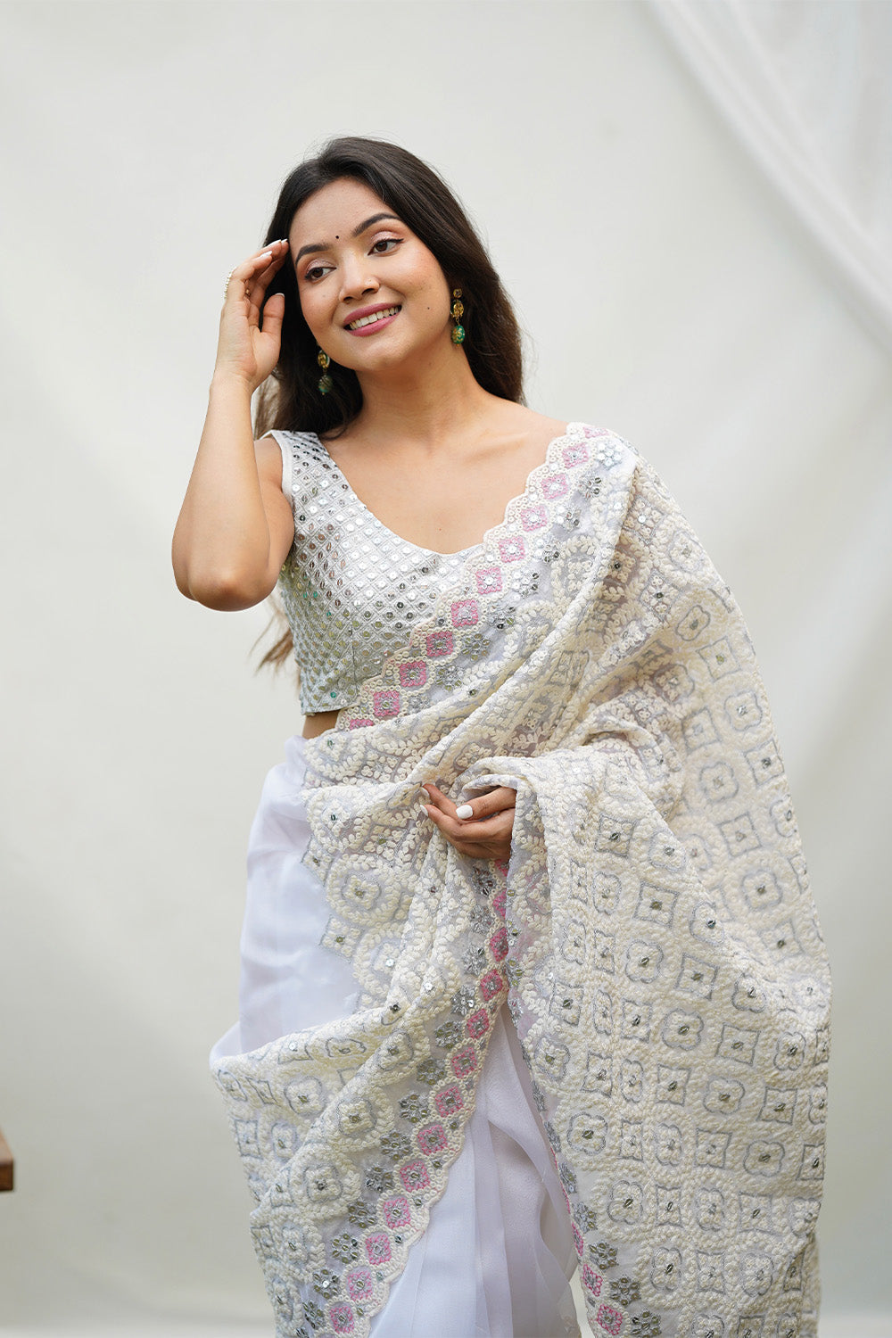 Teeya Creation Off White Color Soft organza Silk Heavy Work Saree