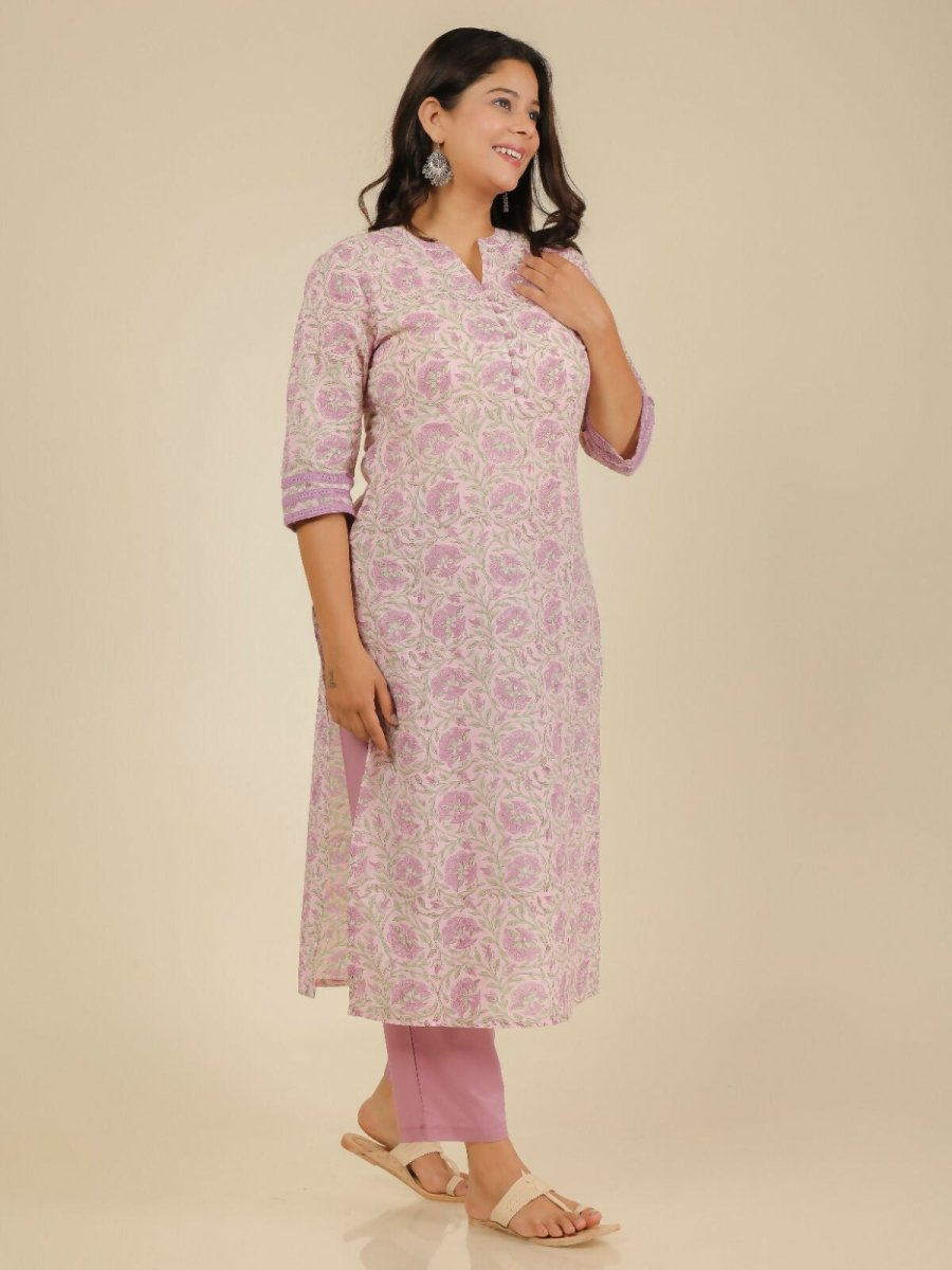 Aramya Pink Soft Cotton Floral Print Straight Kurta Pant Set for Women