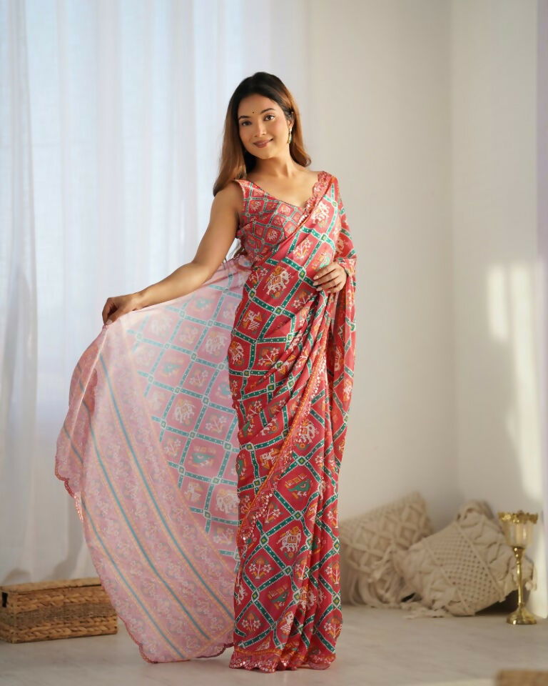 Red Chinon Designer Digital Printed & Mirror Cut Work Saree - Kriti