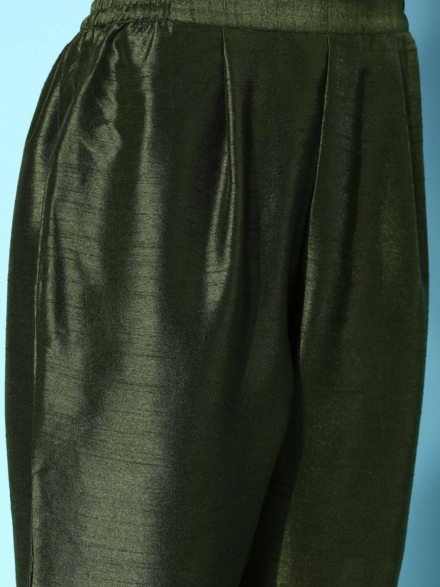 Ahalyaa Women's Olive Colour Poly Silk Gold Printed Kurta Pant Set With Dupatta