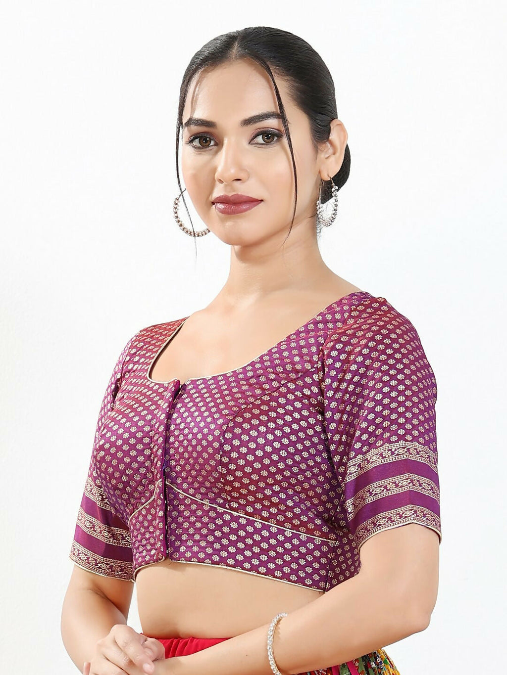 Joban Fashion Purple Brocade Padded Blouse With Round Neck Elbow Sleeves