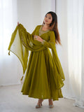 Teeya Creation Mahendi Green Color Pure Soft Georgette Embroidery Work Gown