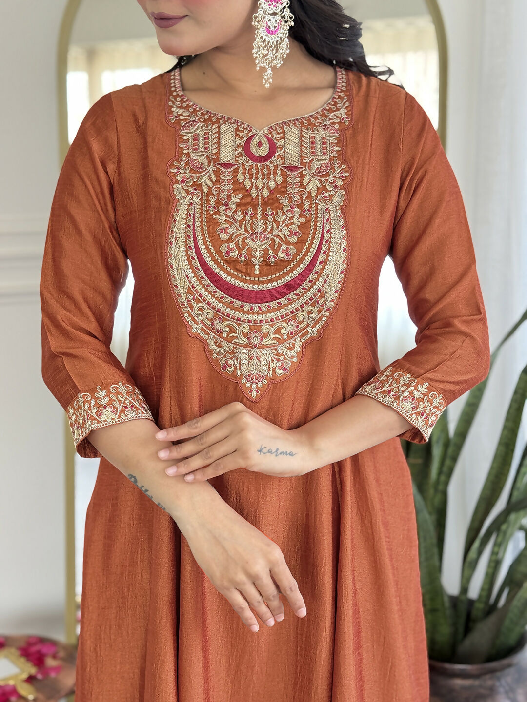 The52 Rust Women's Gorgeous Embroidered Vichitra Silk Fabric Flared Kurta, Pant and Dupatta Set