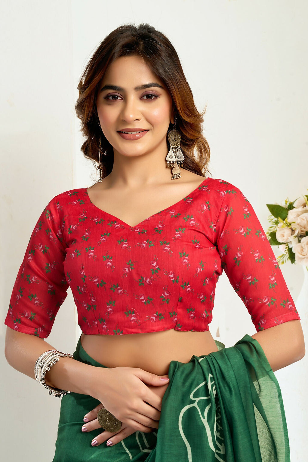Vastranavya Green Digital Printed Linen Ready To Wear Designer Saree with Unstitched Blouse