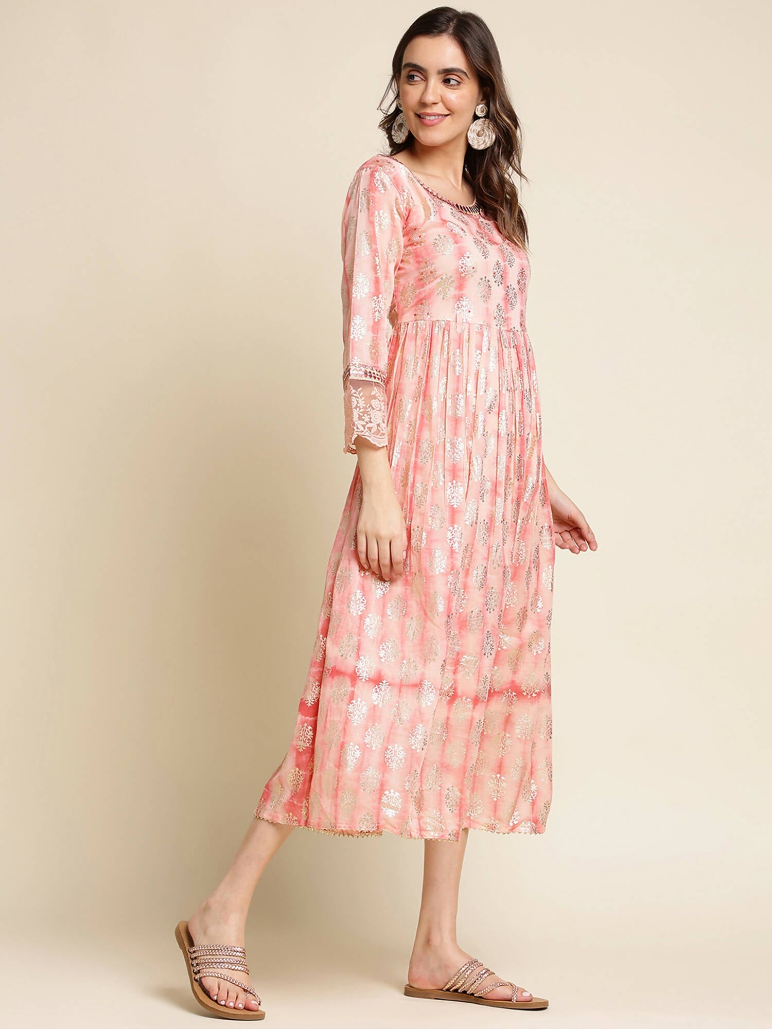 Peach Cotton Paisley Printed Fit & Flare Dress - Yukti